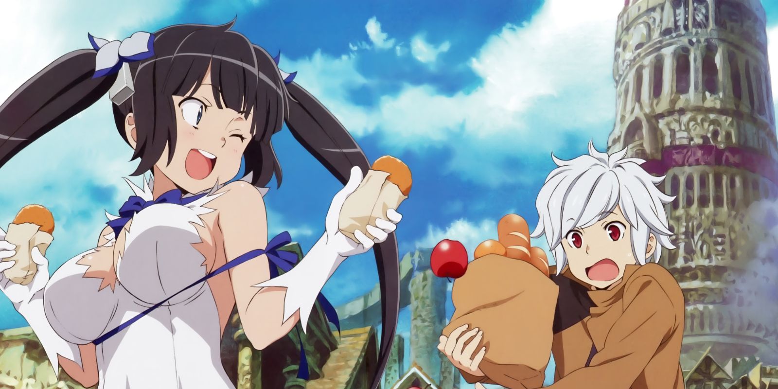 Hestia taunts Bell with groceries in Is It Wrong to Try to Pick Up Girls in a Dungeon?