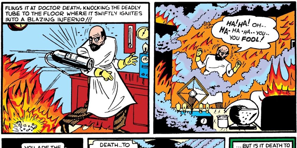 Dr. Death burns alive in his lab in Detective Comics #29
