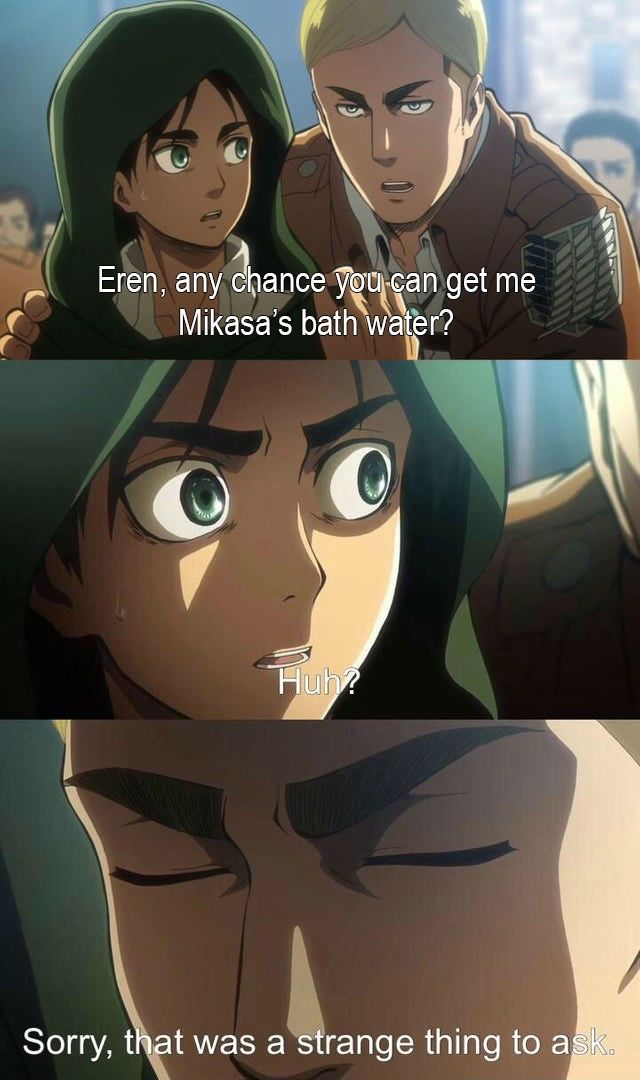 Erwin asking Eren for Mikasa's bathwater