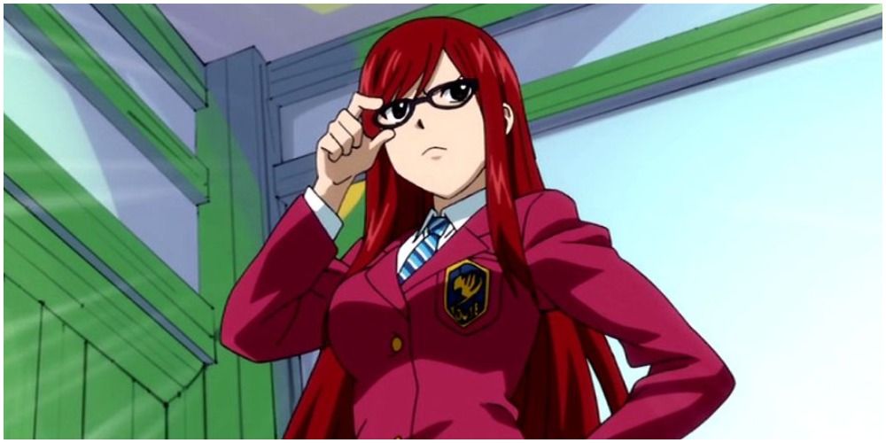 erza scarlet from fairy tail in normal clothes (red blazer and glasses)