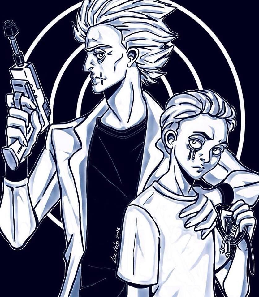 Evil Rick and Morty in black and whire