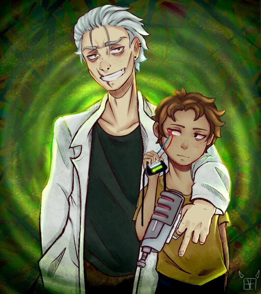 Evil Rick smiling and his hand is on morty's shoulder