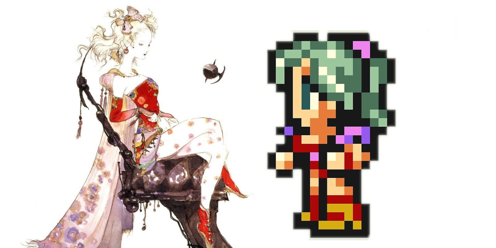 Terra in Final Fantasy 6 drawn by Yoshitaka Amano and her sprite in the game