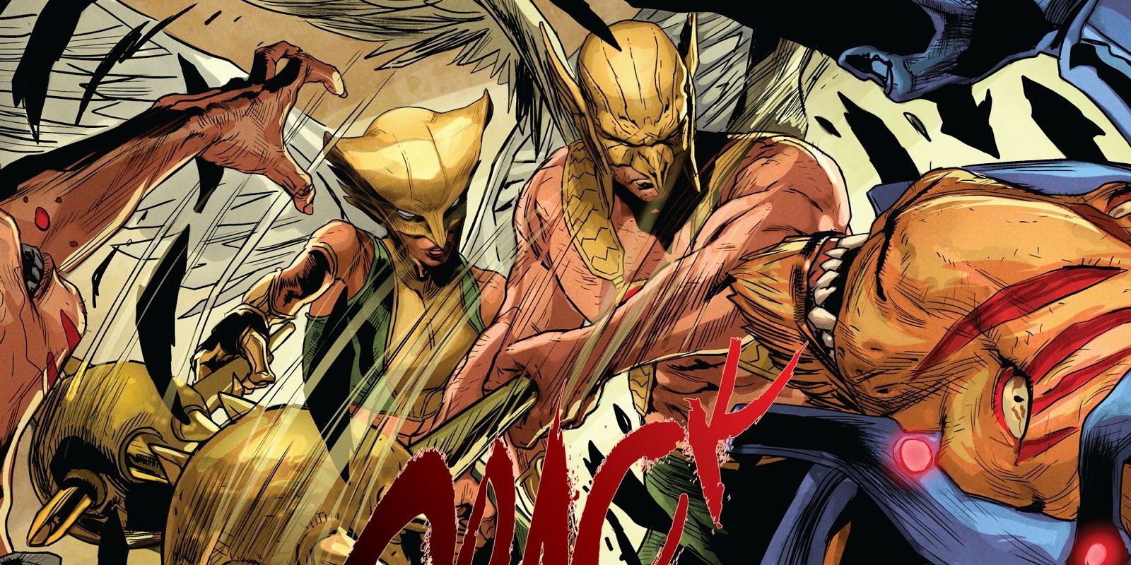 Hawkman and Hawkgirl in battle together in DC Comics.