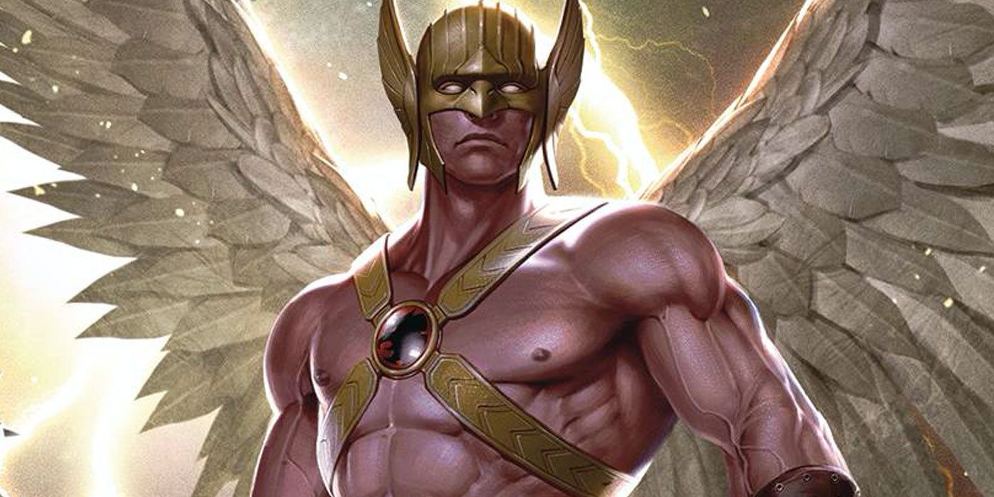 Hawkman from DC Comics in front of a crackling sky