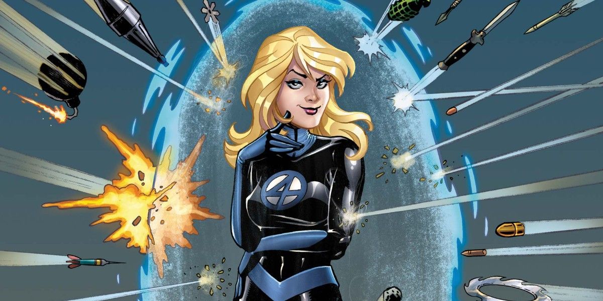 Invisible Woman calmly smiling as her force-field deflects bullets, grenades, and missiles