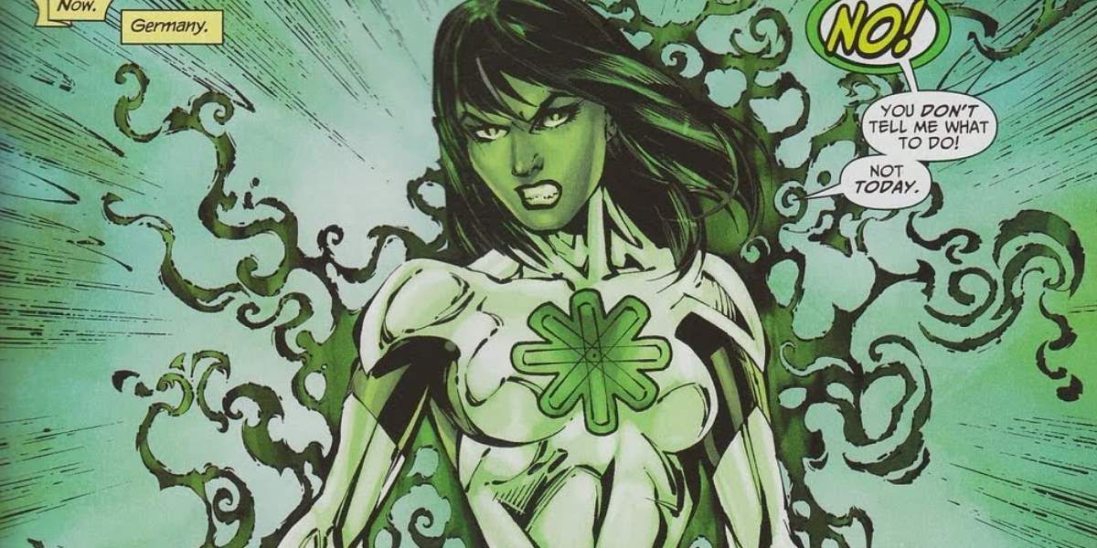 An image of Jade from Infinity Inc getting angry in DC Comics.