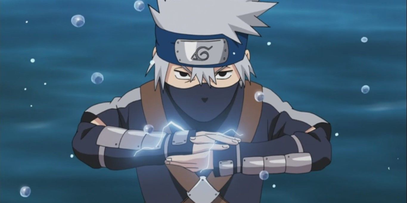 Young Kakashi using his chidori while standing on a river in Naruto.