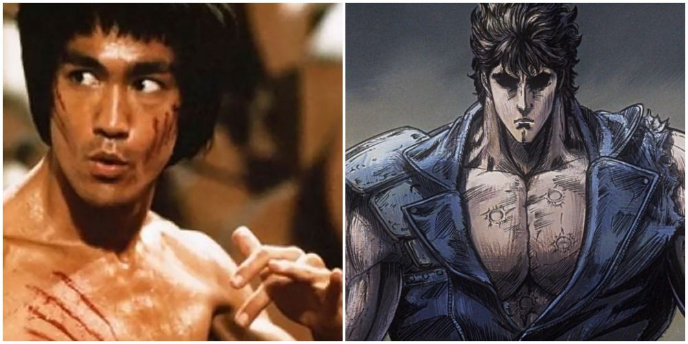 Split image of Kenshiro and Bruce Lee side by side. 