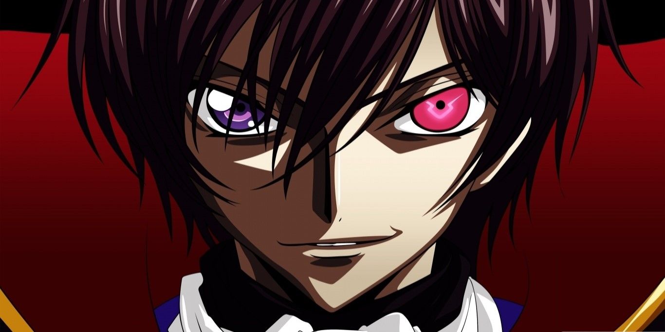 Lelouch smiling and showing his Geass.