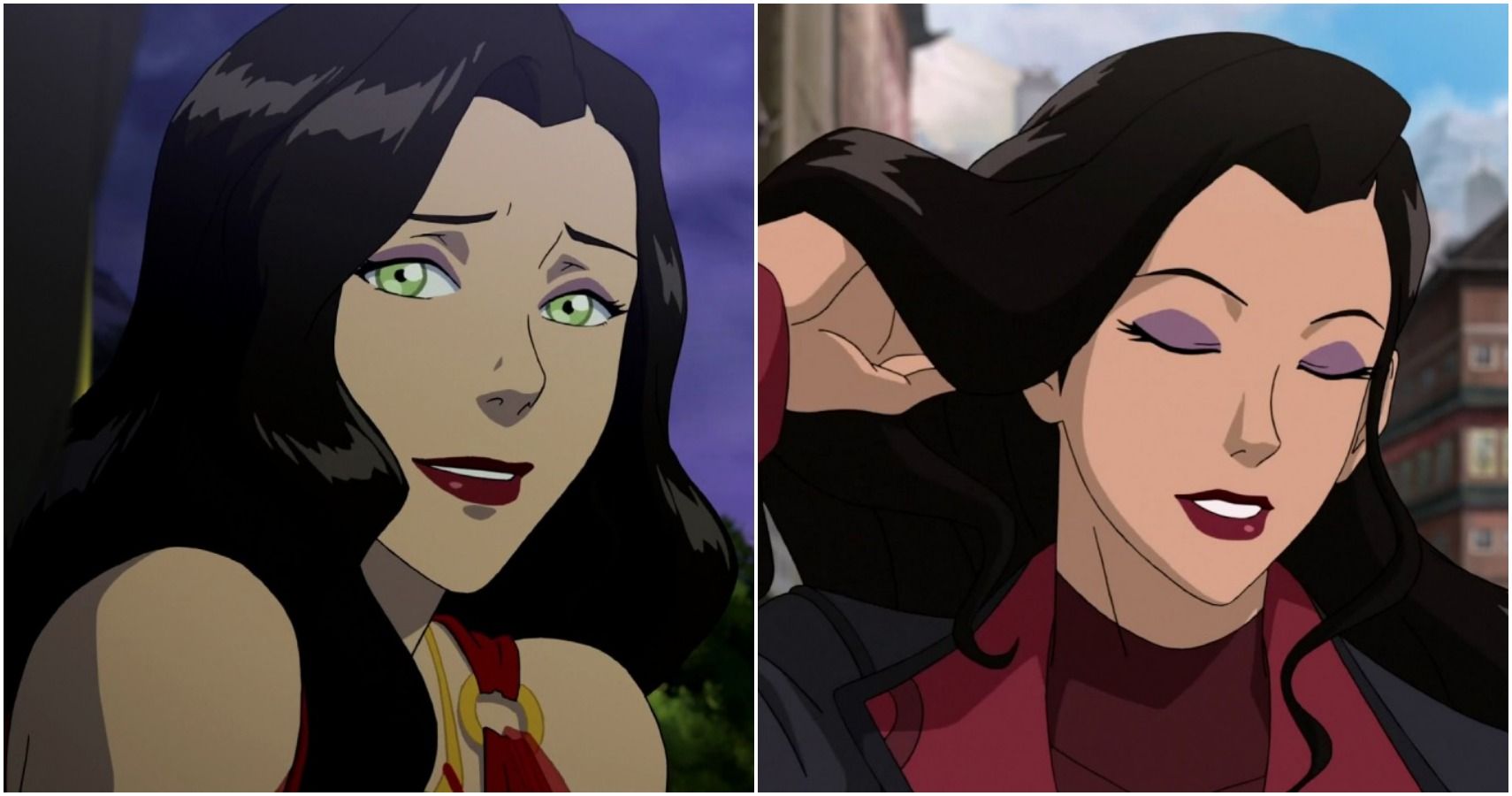 Asami smiling at a party and flipping her hair back from The Legend Of Korra