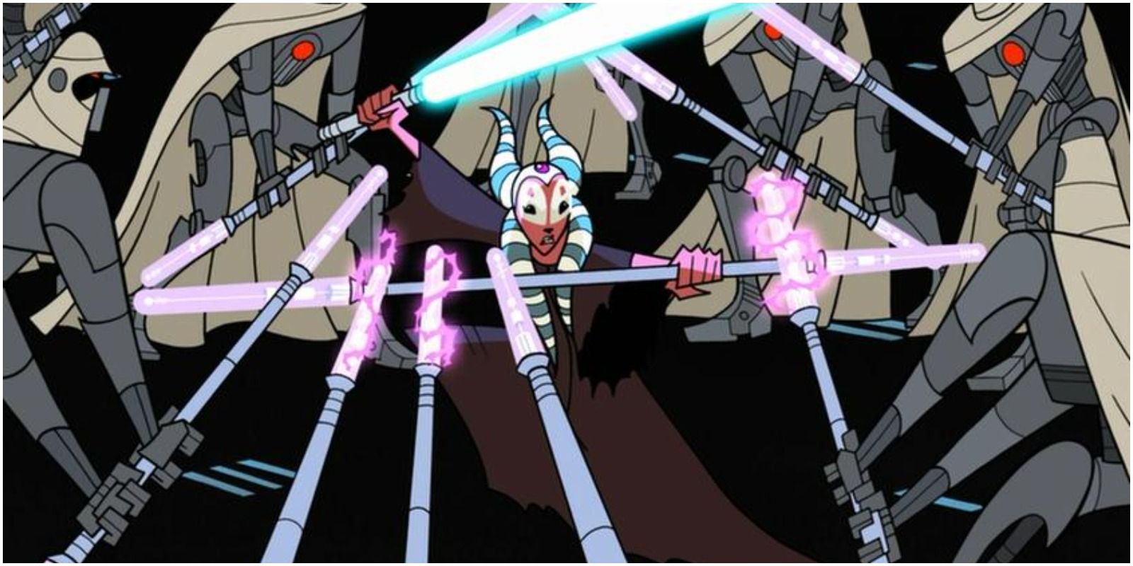 Shaak Ti dueling Mangaguards with a staff and lightsaber in Star Wars: Clone Wars