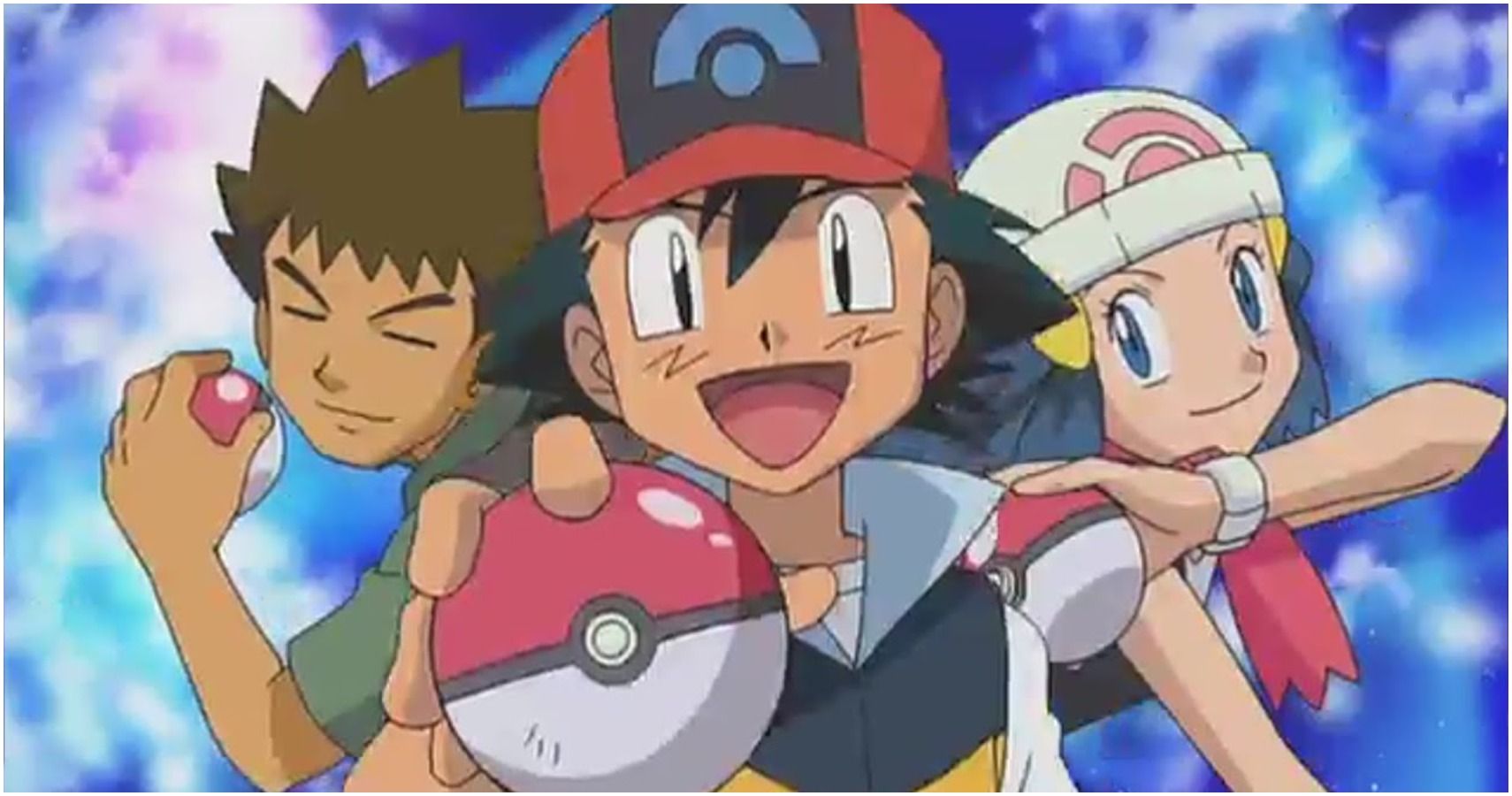 Brock, Ash, and Dawn from Pokemon holding Pokeballs