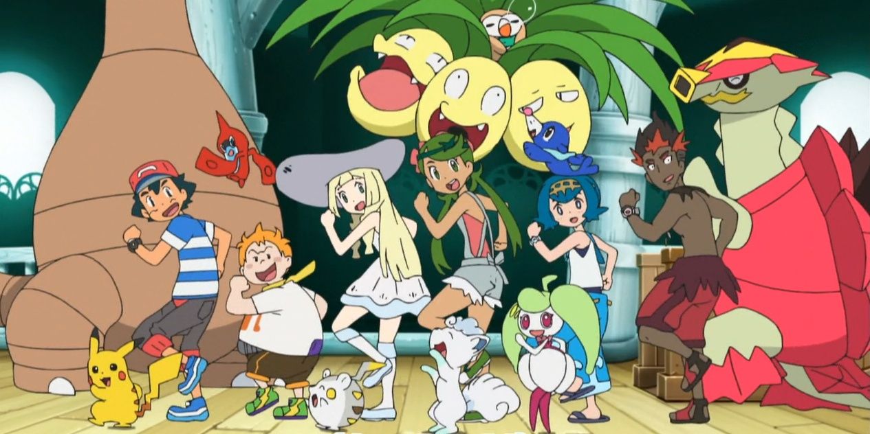 Ash and other characters and Pokemon in a dance pose
