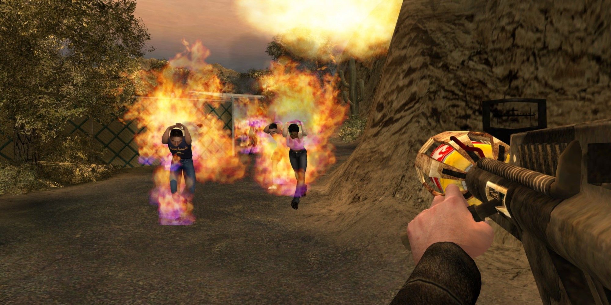 video game character setting npcs on fire