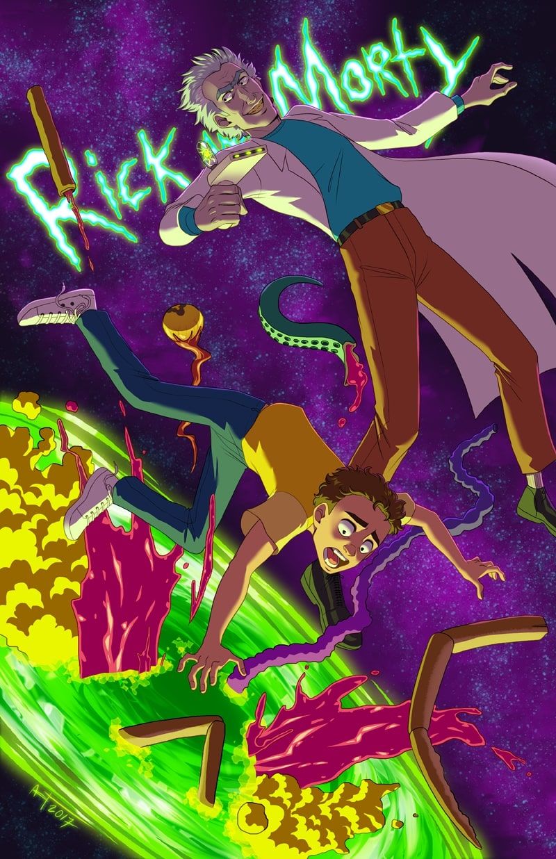 Rick and Morty diving into a bowl of acid