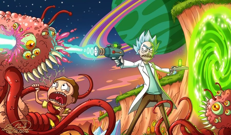 Rick saving Morty while they're on an adventure
