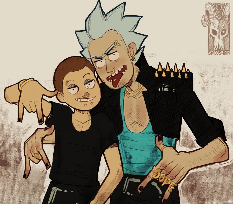 Rick wearing biker's jacket and Morty have piercings