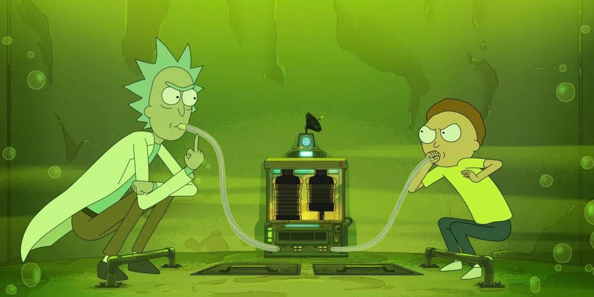 Rick and Morty sucking on tubes while in a vat of acid.