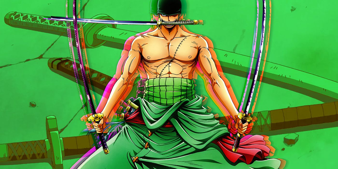 One Piece's Roronoa Zoro holding two swords with a third in his mouth