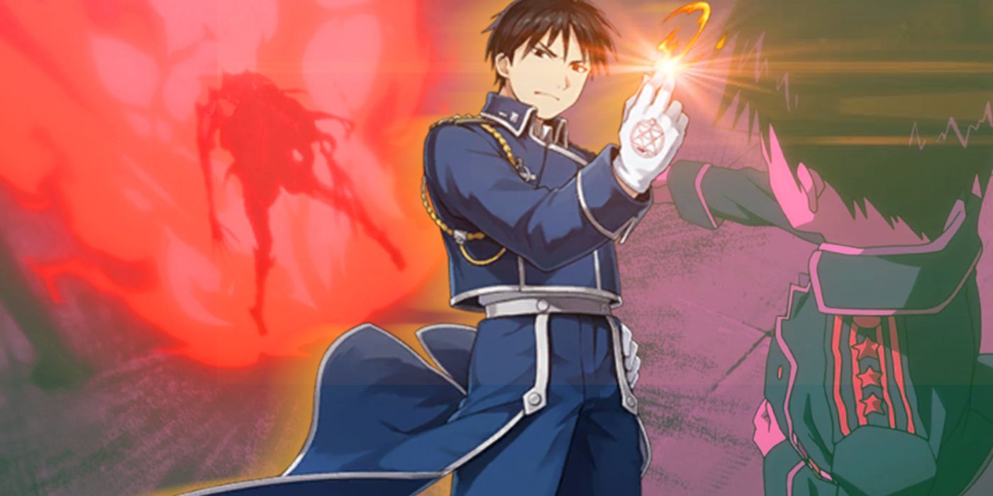 roy mustang from fullmetal alchemist showing off fire powers