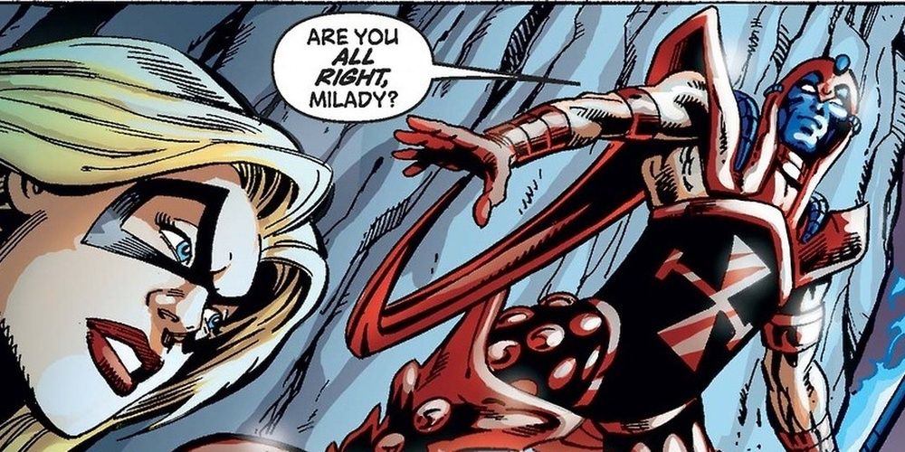 The Scarlet Centurion hovers in the air and asks Ms. Marvel if she's okay.