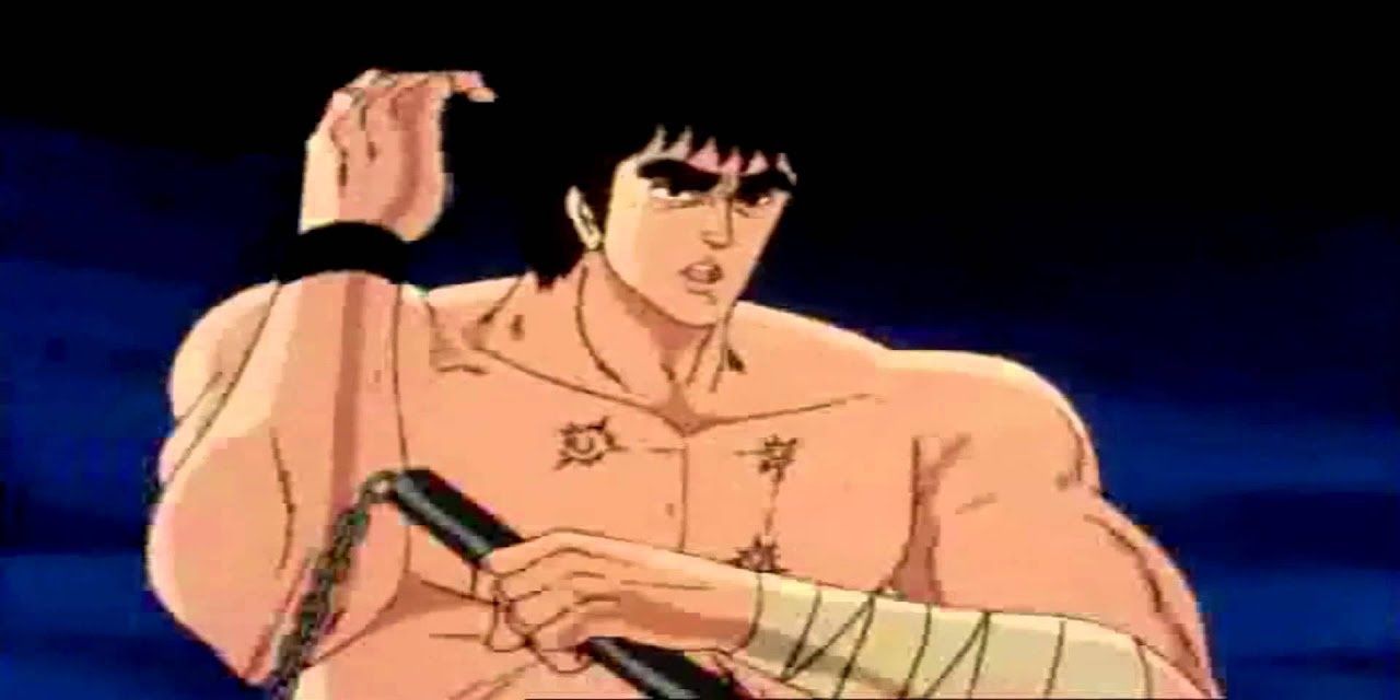 Kenshiro stands with nunchucks primed to attack. 
