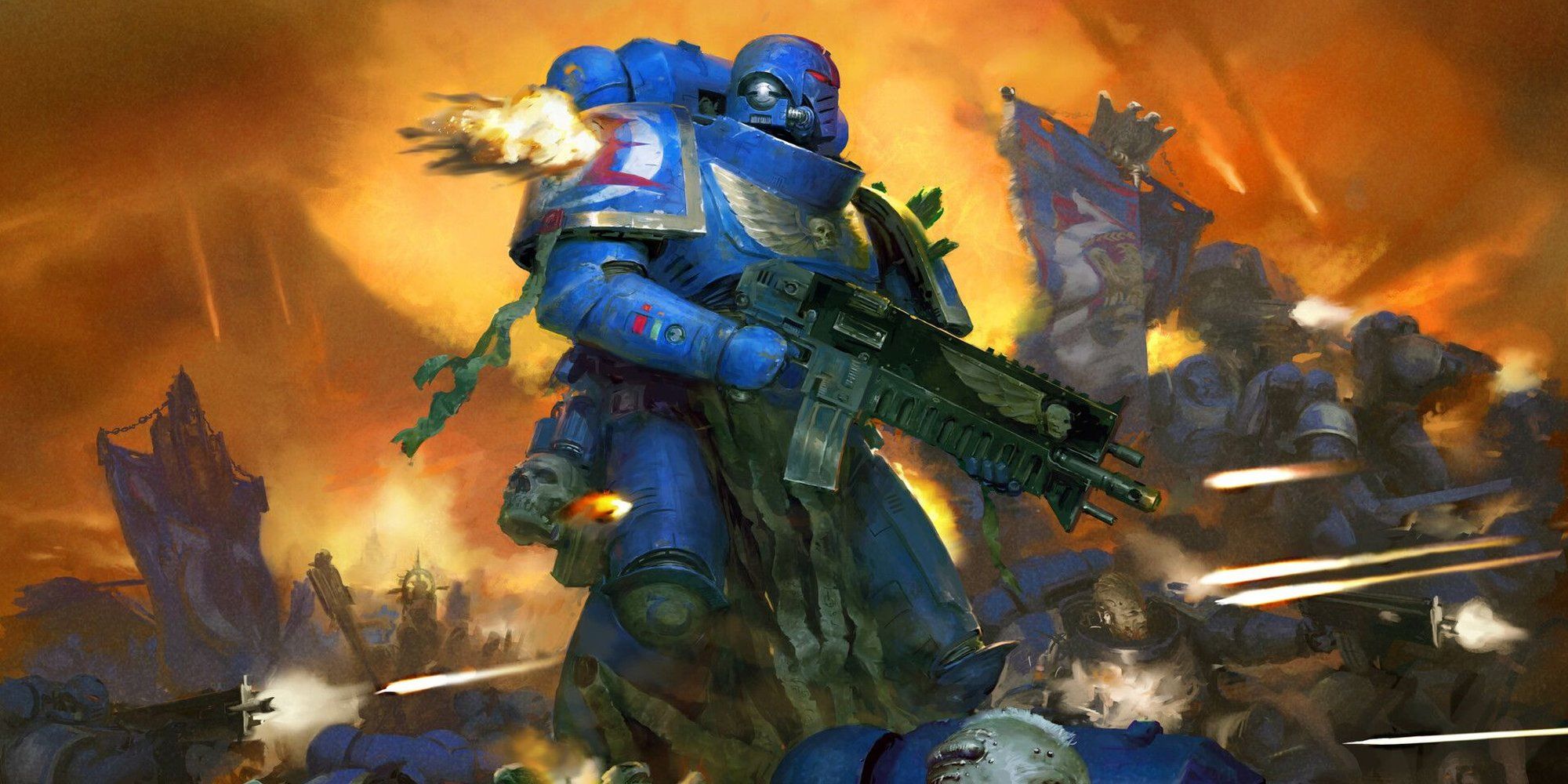 A Warhammer 40k Space Marine on a battlefield.