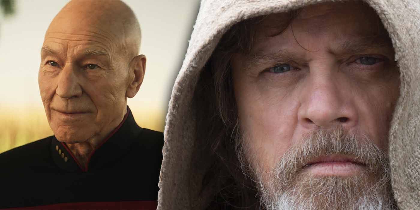 Luke Skywalker from Star Wars: The Last Jedi juxtaposed with Jean-Luc Picard in Star Trek