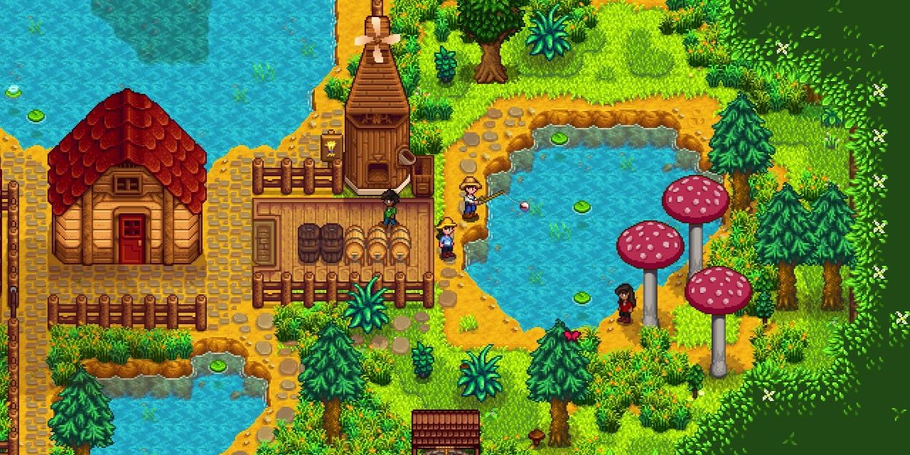 Uma fazenda de Stardew Valley, que inclui uma casa, um moinho e um lago