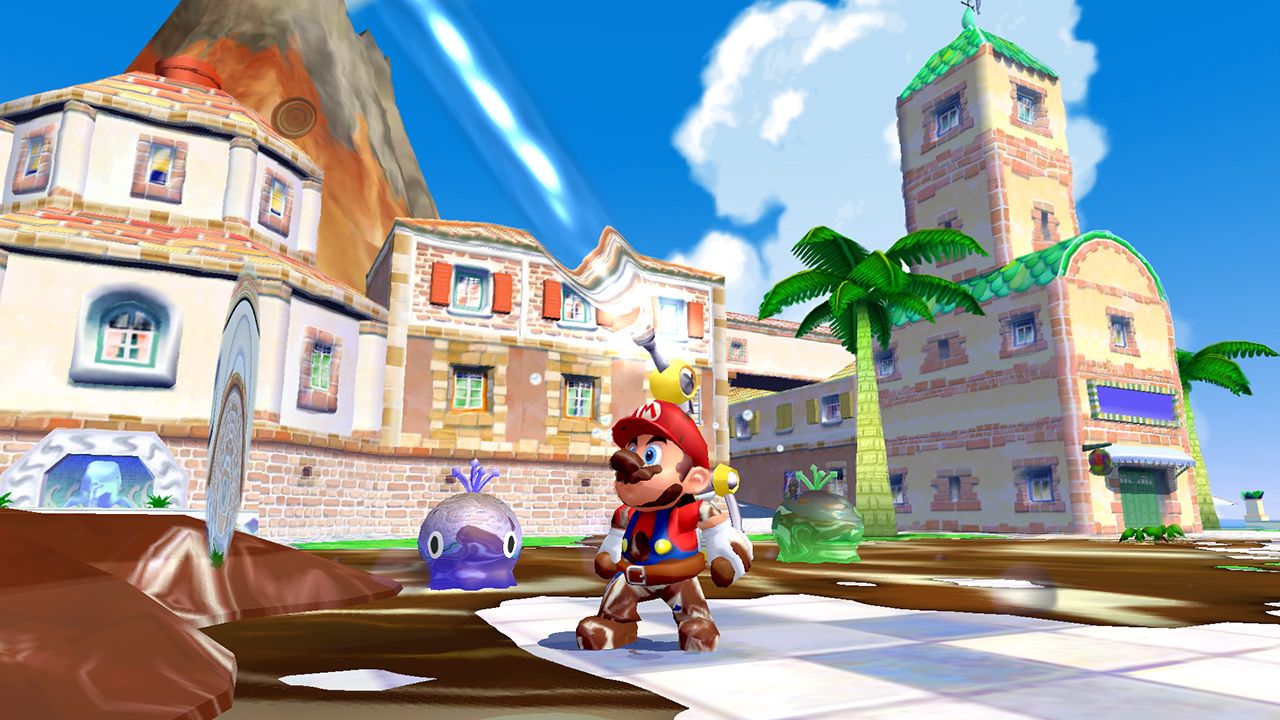 Mario cleans up the town in Super Mario Sunshine (Super Mario 3D All-Stars)