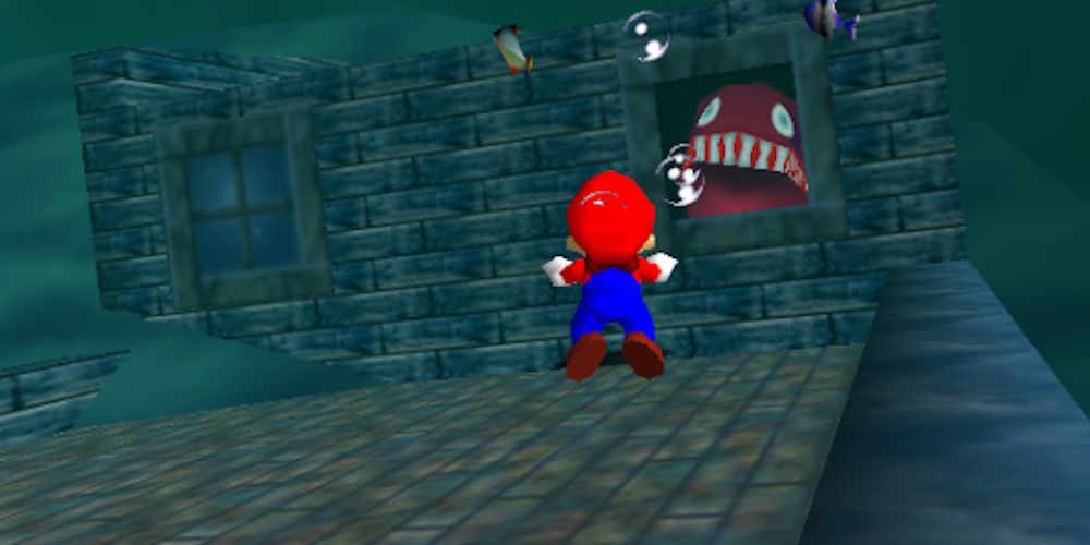 Super Mario 64 featuring a floating Mario