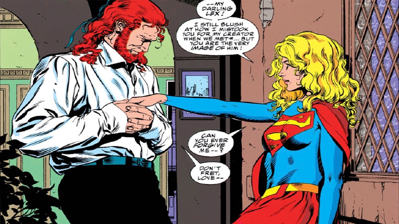 Supergirl and Lex Luthor hold hands in Luthors mansion