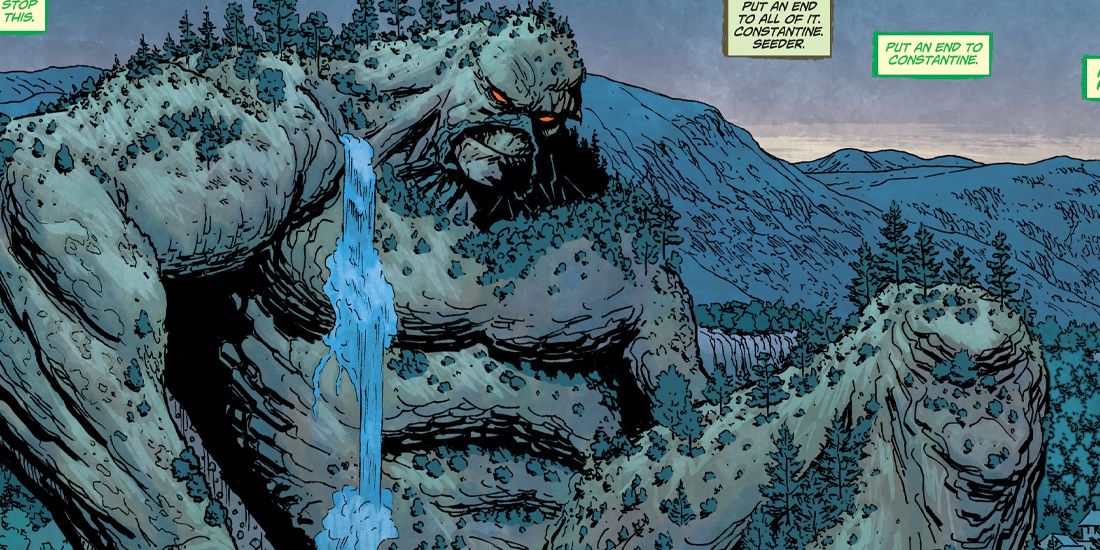 A giant Swamp Thing sitting among the mountains.