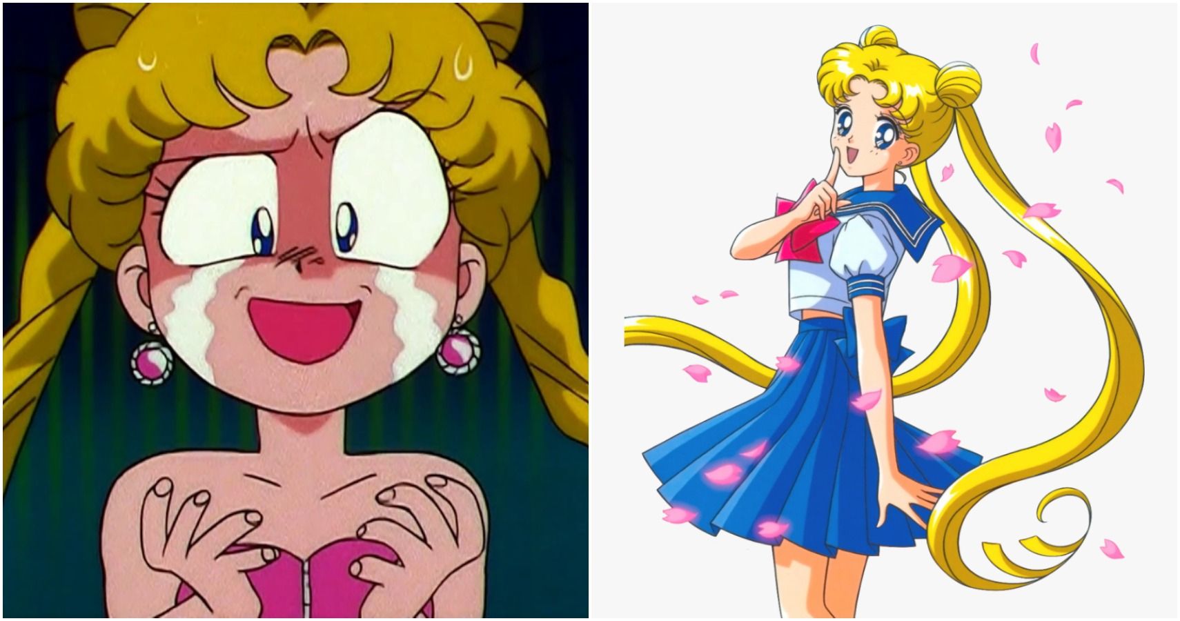 Usagi tsukino from Sailor Moon, two images: 1) crying cartoonishly, 1) smiling in her school uniform with sakura blossoms
