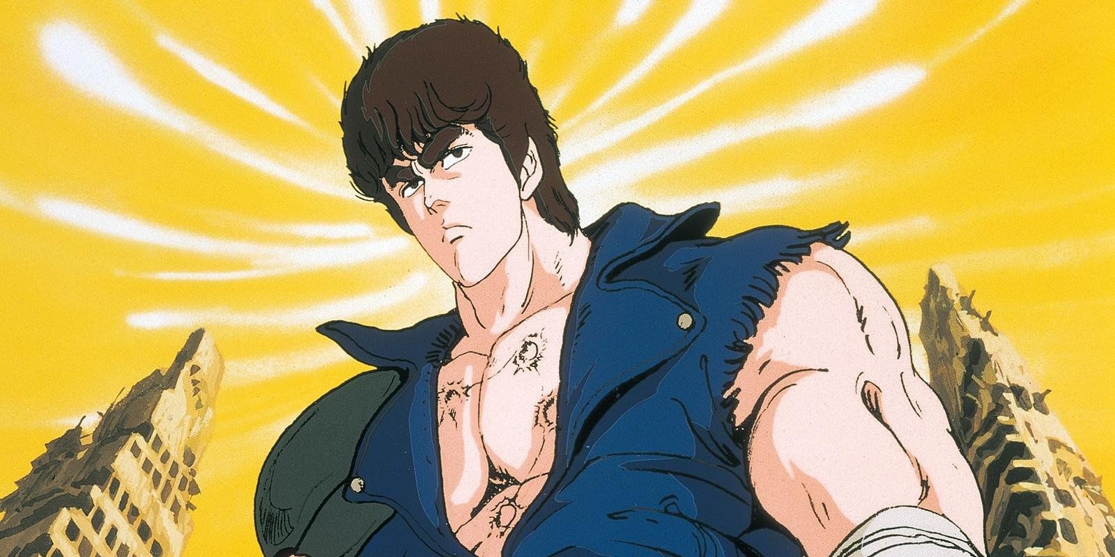 Kenshiro stands in front of a yellow sky.