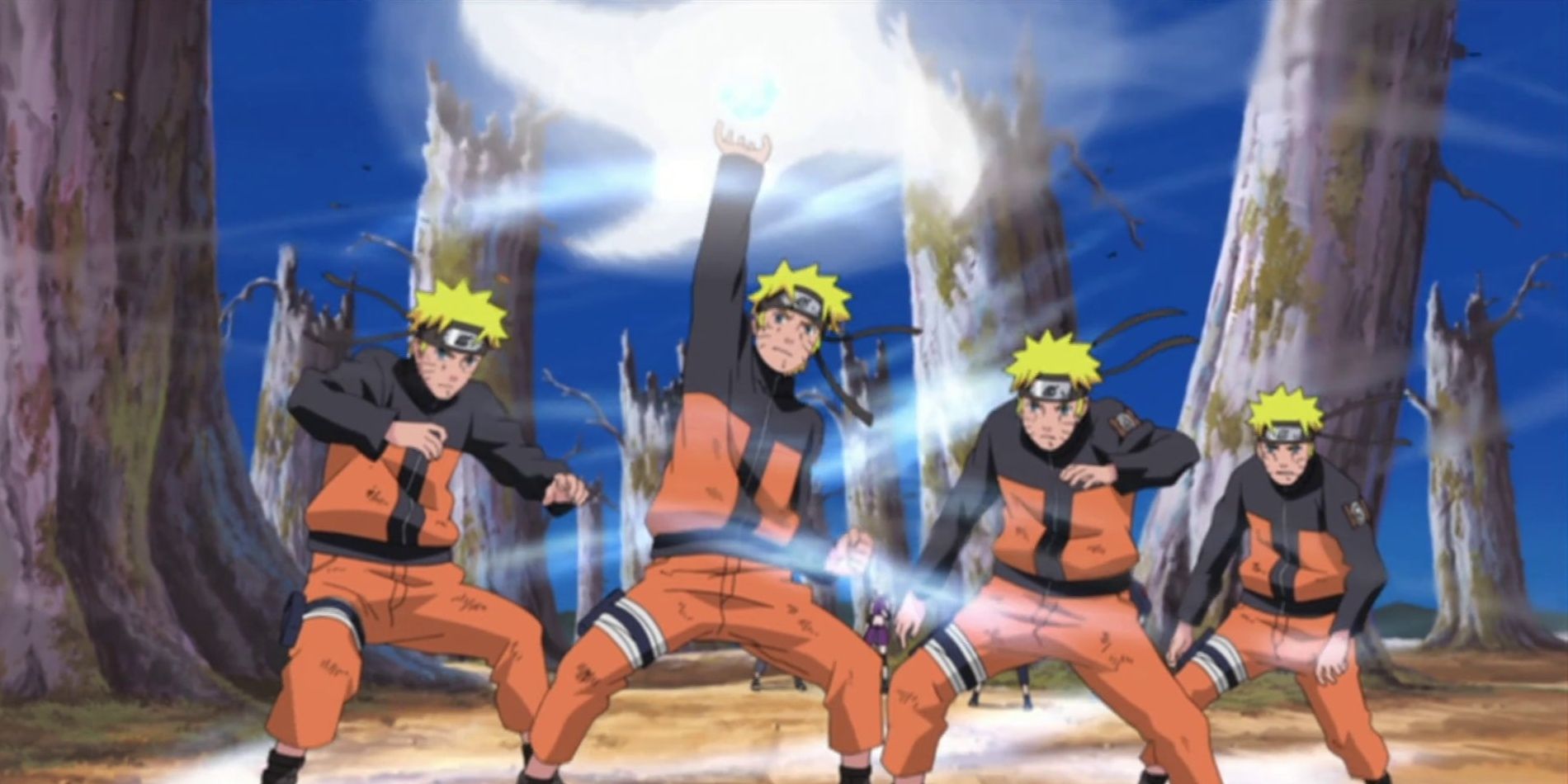 Four shadow clones are shown wielding the rasenshuriken in Naruto.