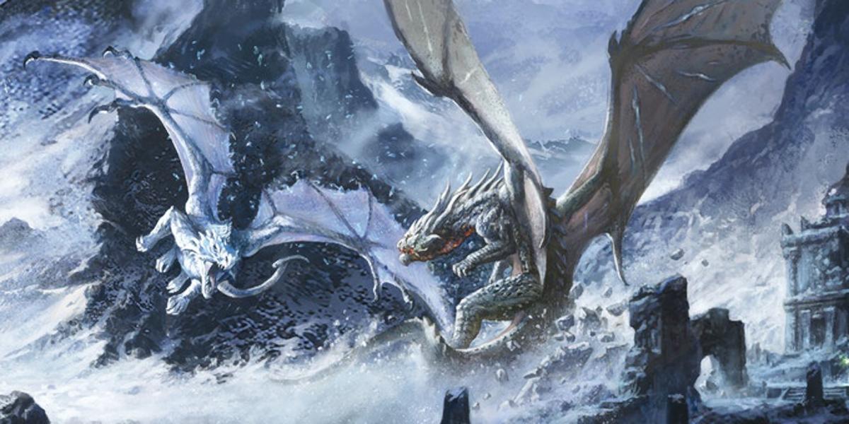 Dragons battle over a town.