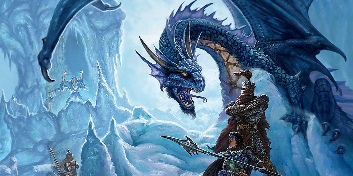 A knight and warrior huddle beneath a blue dragon.