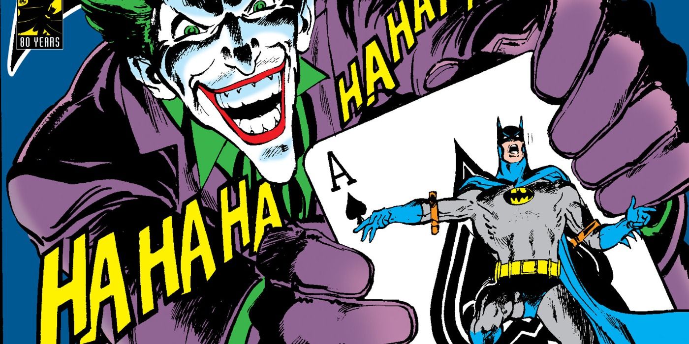 image of 1960s comic cover with Joker torturing Batman on a playing card