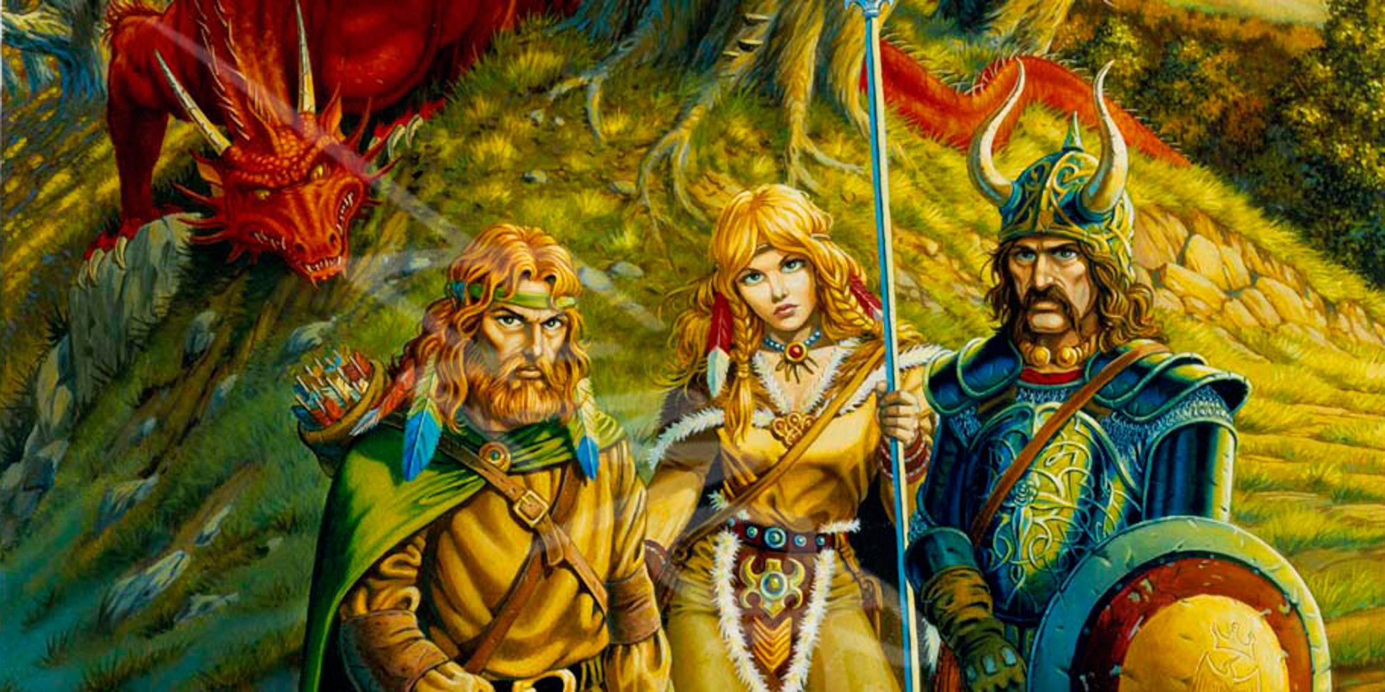 Caramon Majere, Tika Waylan and Sturm Brightblade pose before a dragon