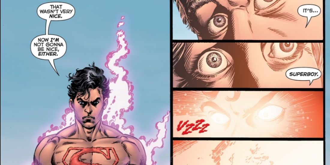 Superboy-Prime kills a farming couple in the 31st century in DC Comics