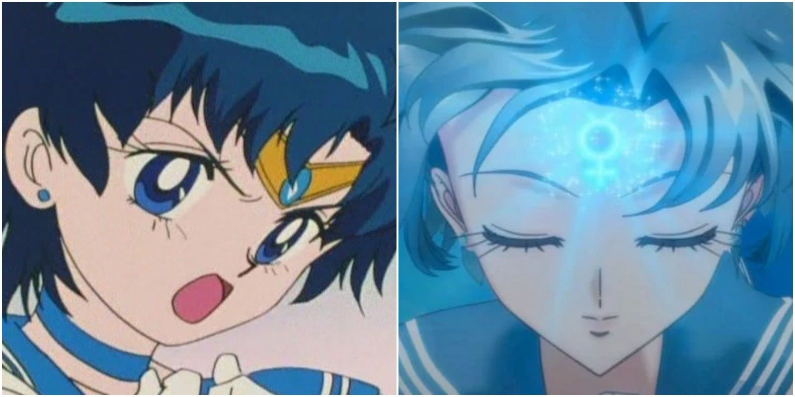 Sailor Mercury fighting and the Mercury mark on her forehead.