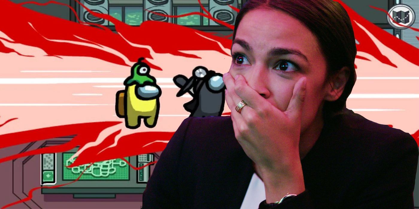 An image of congresswoman Alexandria Ocasio-Cortez superimposed over a screenshot of the game Among Us