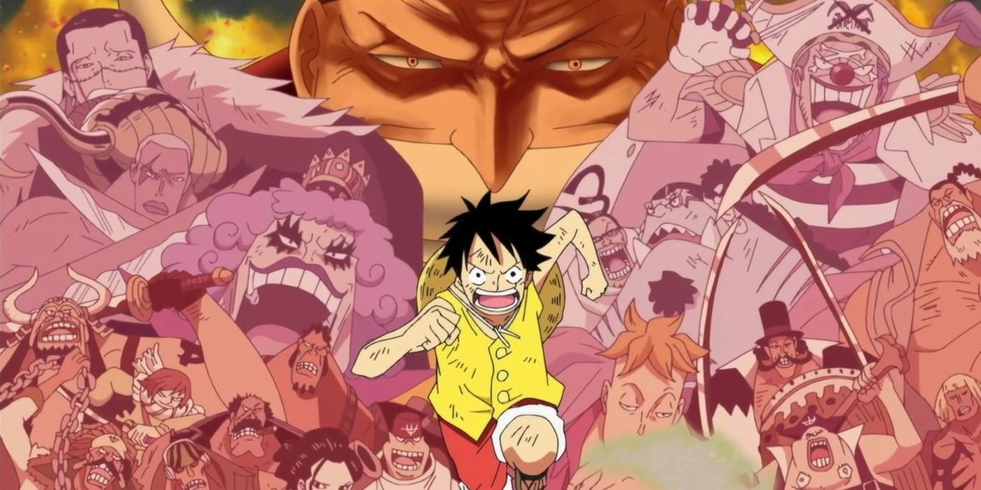 A collage of One Piece characters with Luffy in the middle.