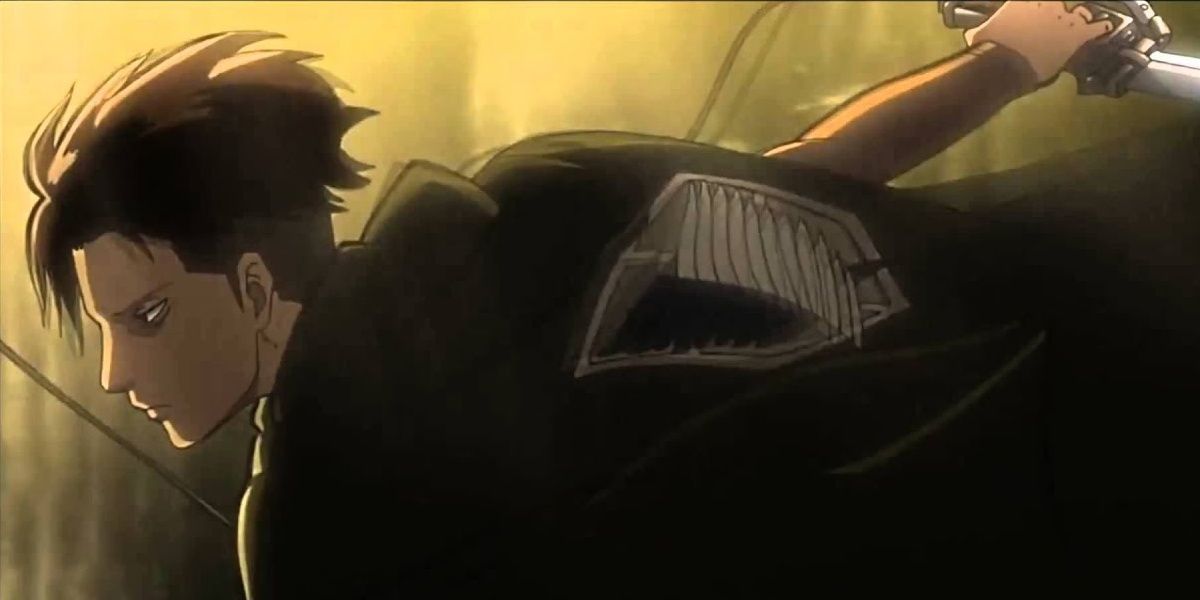 Levi chases after the Female Titan in Attack On Titan.