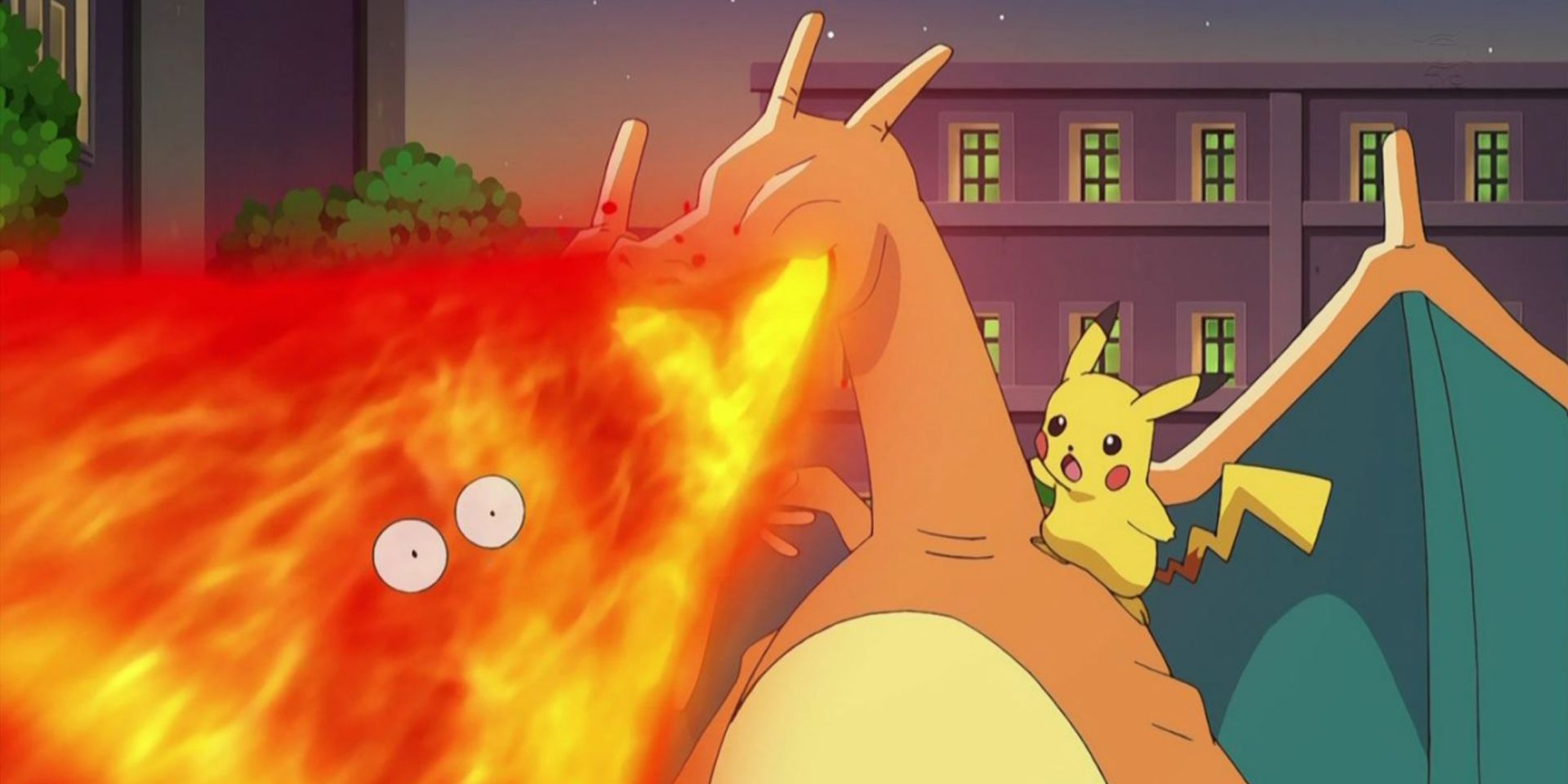 Pikachu on Charizard as it uses Flamethrower on Ash in the Pokemon anime