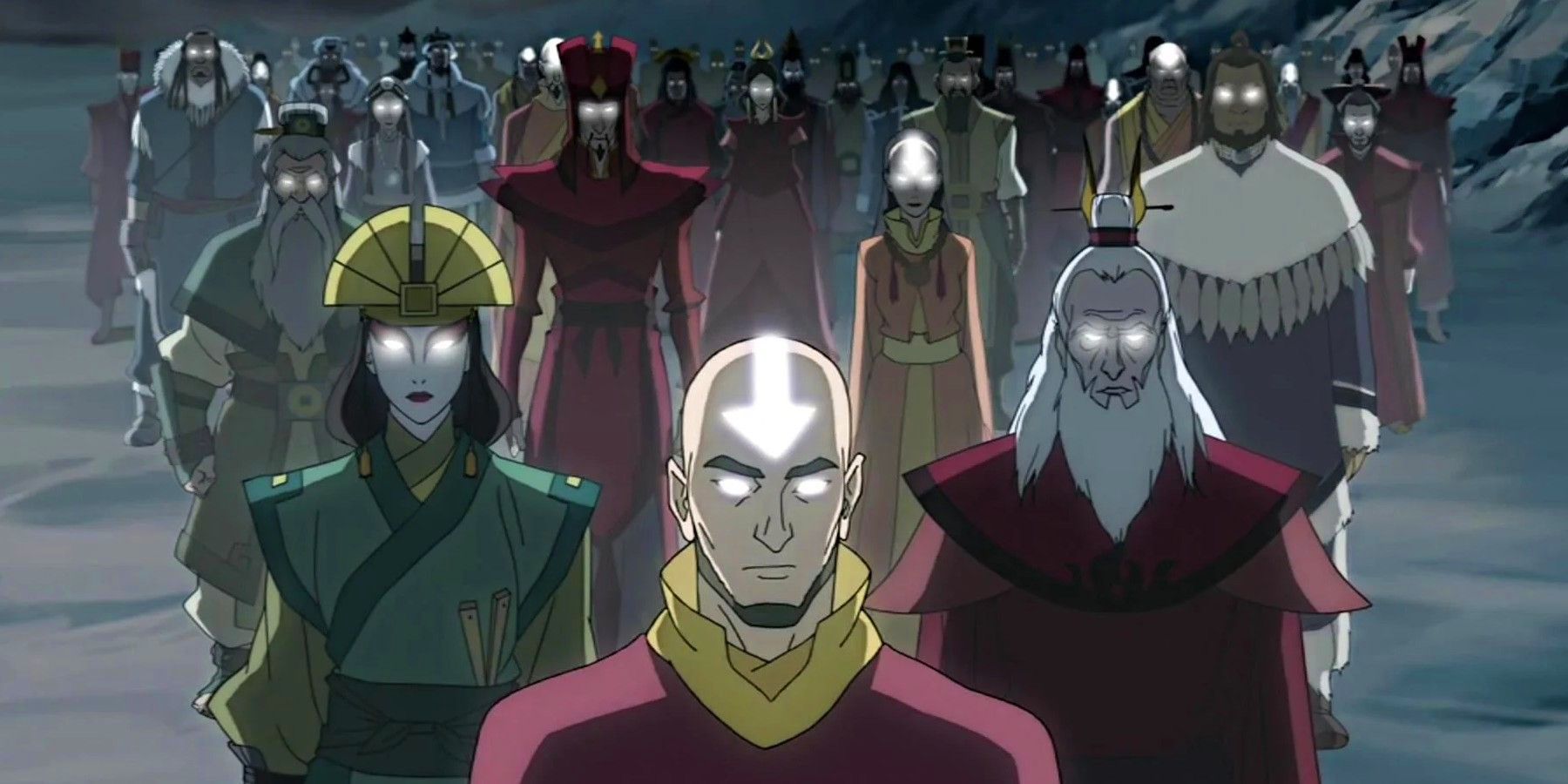Avatars Aang, Roku, and Kyoshi stand in front of their predecessors