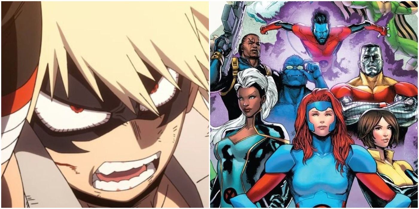 split image featuring Bakugo from MHA and XMen
