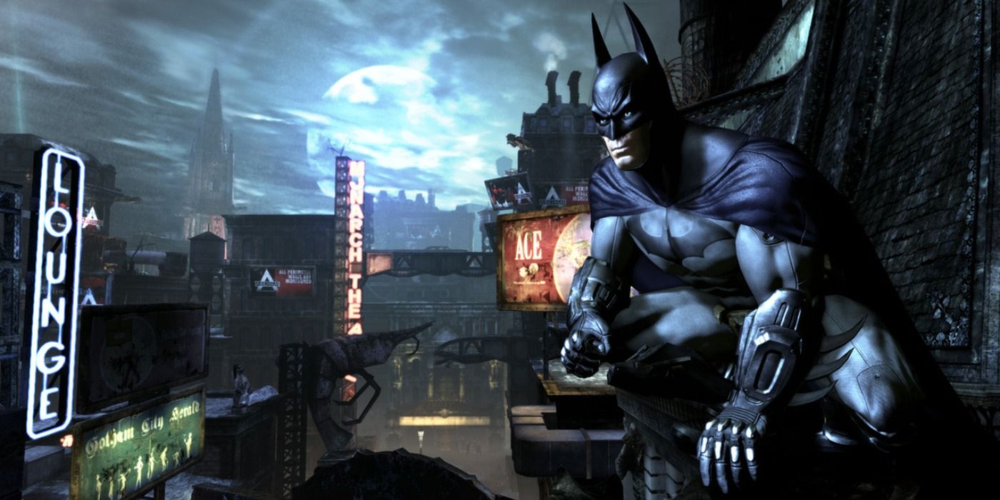 Imagem de Batman parado na frente de Gotham para Batman: Arkham City.